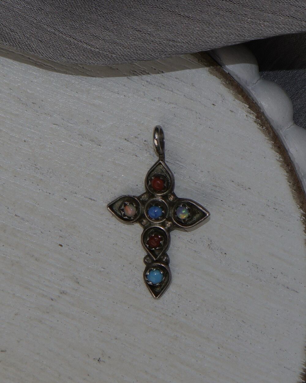 Vintage Sterling Silver Turquoise, Coral & Opal Cross Pendant 1.3G / 1.1in